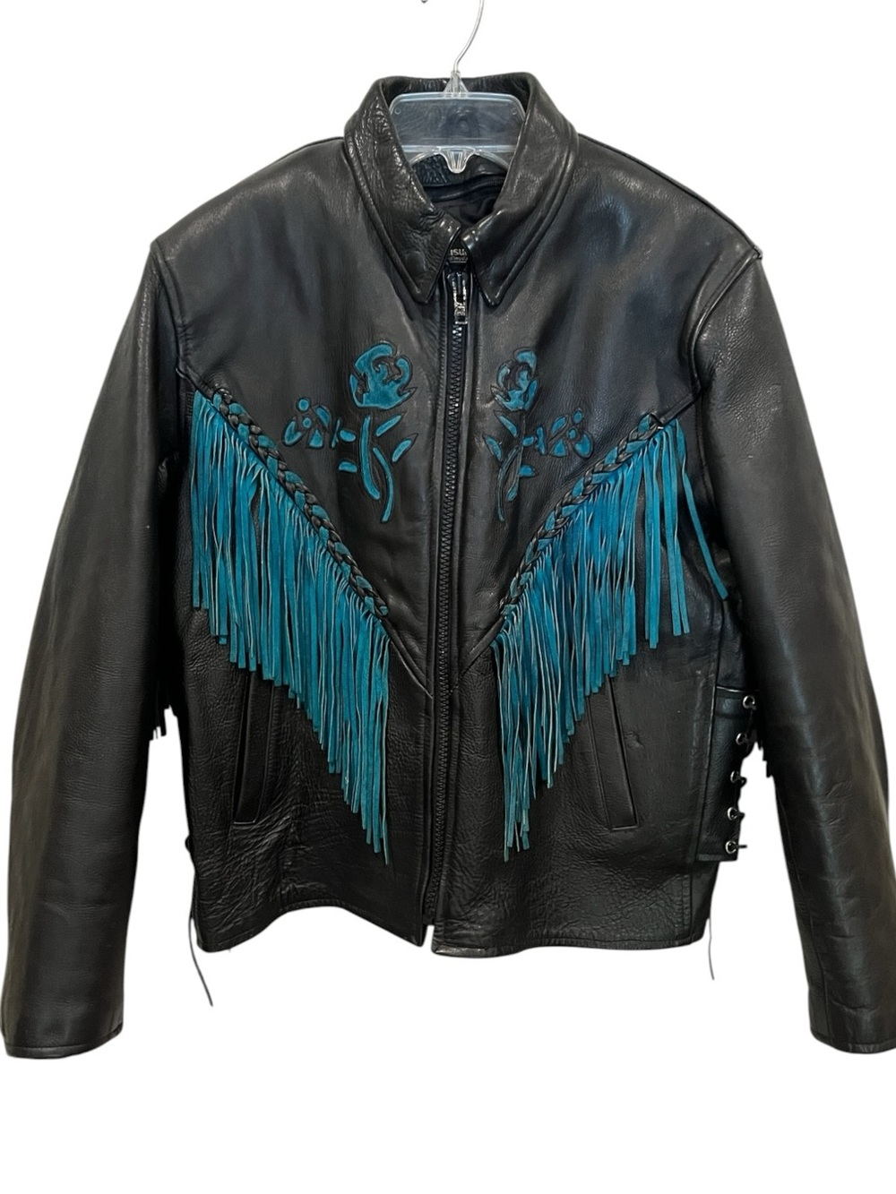Vintage A1 Black Leather Fringe Jacket with suede Teal rose  size large